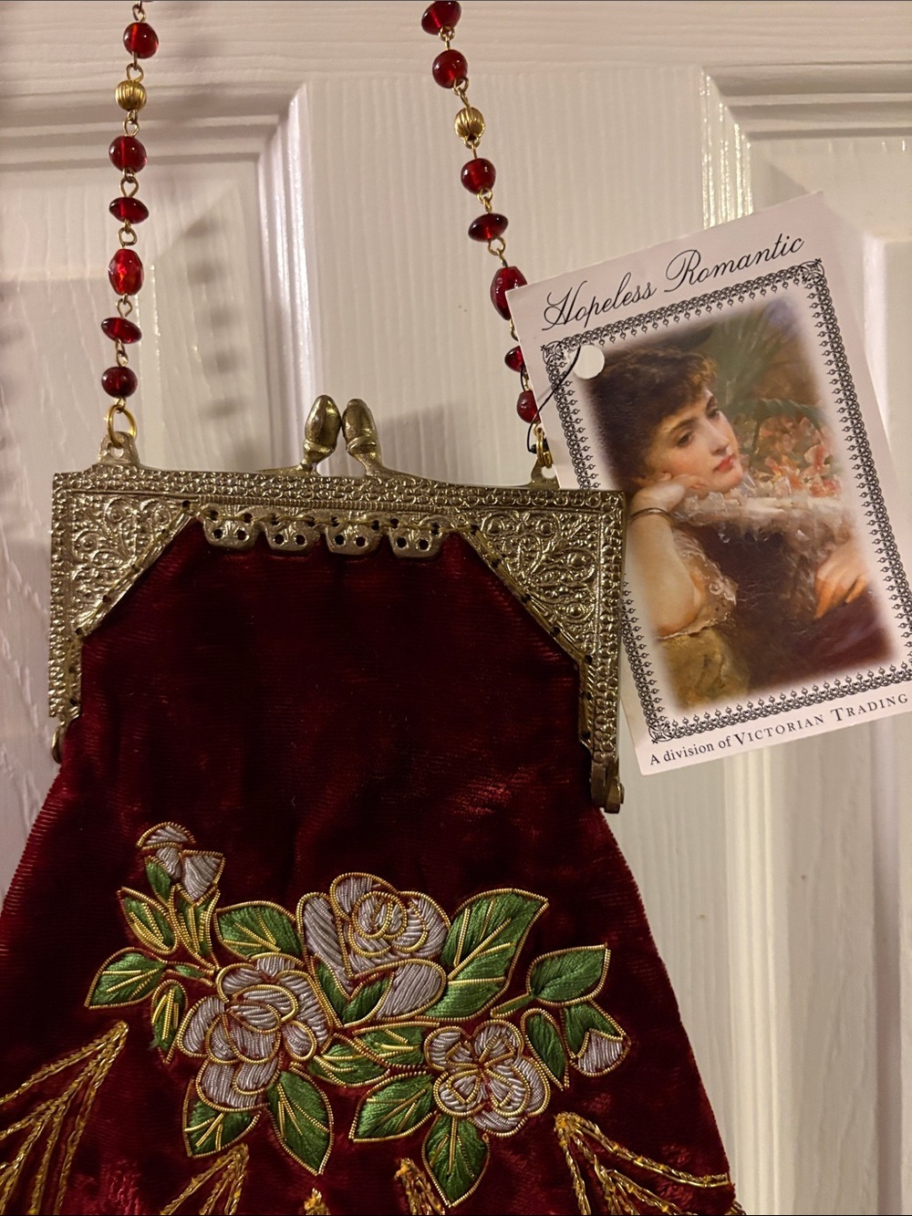 Vintage Beaded Burgundy Floral Velveteen & Brocade Evening Shoulder Bag - Picture 4 of 11